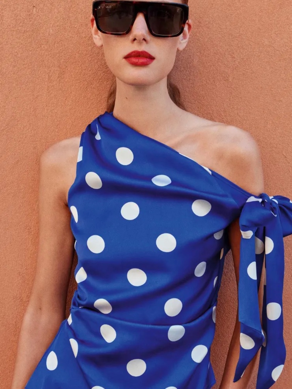 Zara Blue and White Polka Dot One-Shoulder Top with Tie
